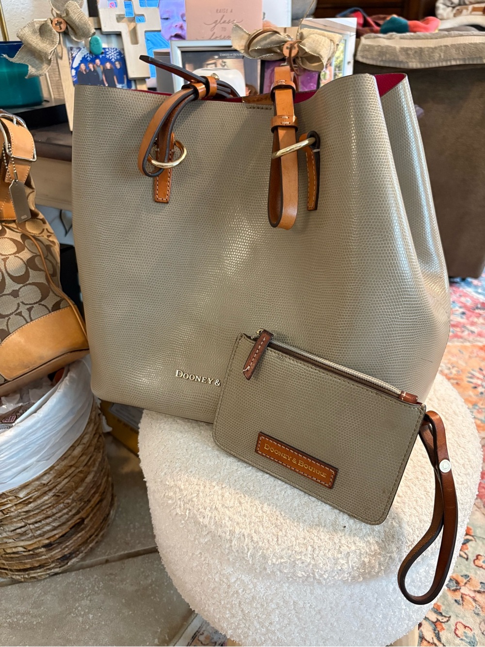 Dooney & Bourke Montecito “Briana”Taupe Tote with Tan Trim and Matching Wristlet